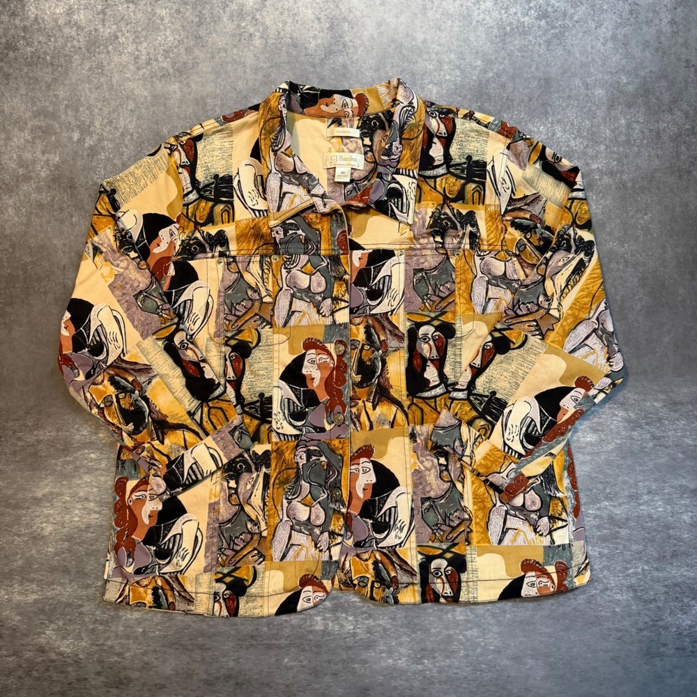 CJ Banks‎ Picasso Art Print Denim Style Jacket Womens 3X Stretch Button Front
